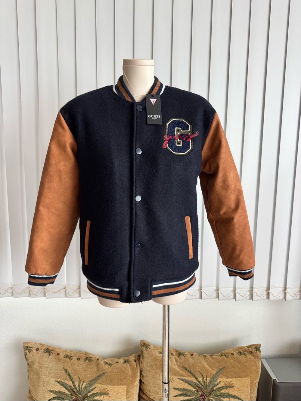 GUESS Varsity Teddy Bear Bomber Jacket Navy Brown Faux Leather Size 12 NWT